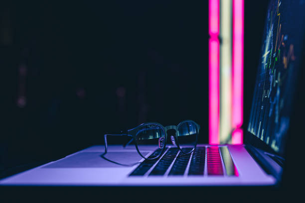 istock Stock market graph, financial data on an electronic board on a laptop screen. 1344803661