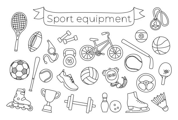 sportgeräte-linienskizzen-set. schwarzes doodle-umrisssymbol. vector fitness freihand-illustration. fußball, basketball, volleyball, baseball, rugby, billard und fahrrad - badmintonschläger stock-grafiken, -clipart, -cartoons und -symbole