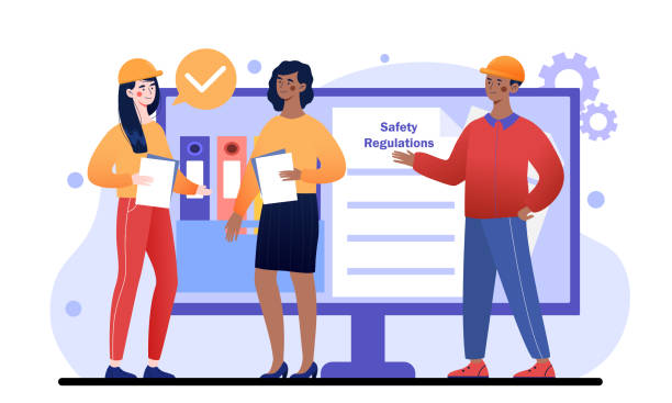 Occupational safety and health Occupational safety and health. Administration checks people for safety precautions. Man conducts briefing for employee. OSHA concept. Cartoon flat vector illustration isolated on white background health and safety stock illustrations