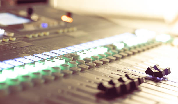 istock Close up, sound music mixer control panel on blurred background. 1344805510