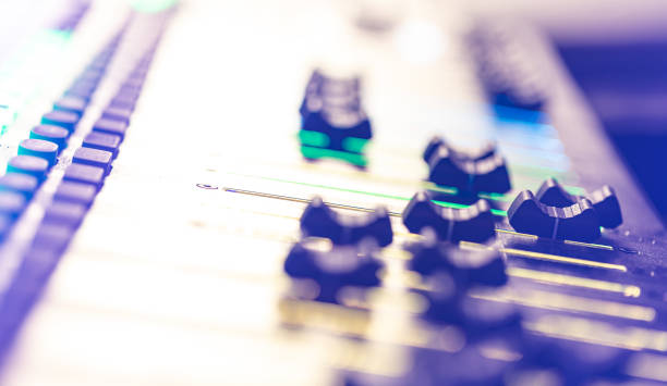 istock Close up, sound music mixer control panel on blurred background. 1344805520