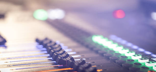 istock Close up, sound music mixer control panel on blurred background. 1344805542