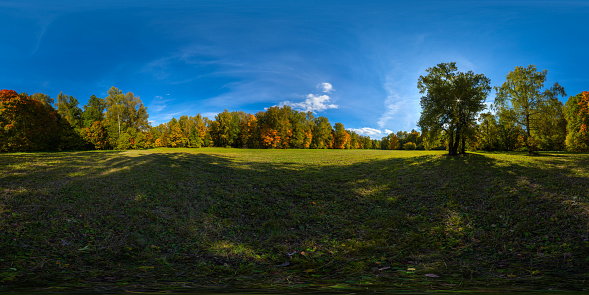 360 by 180 degree spherical panorama of sunny autumnal mowed meadow and yellow forest on its edges with blue sky and clouds. Full spherical panorama in equirectangular projection.