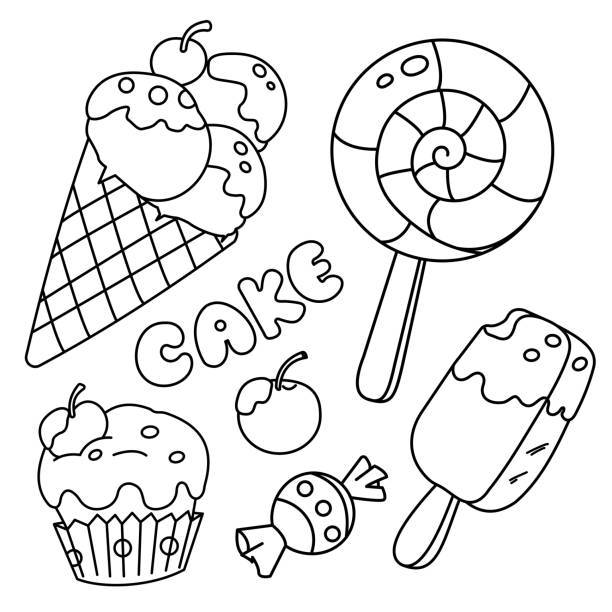 ilustraciones, imágenes clip art, dibujos animados e iconos de stock de dibujo para colorear esquema de dulces, helados y magdalenas. comida y dulzura. libro para colorear para niños - flavored ice lollipop candy affectionate