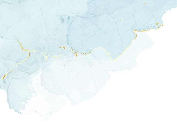 밝은 파란색 수채화 유체 페인팅 벡터 디자인 카드. 더스티 블루와 골든 지오드 프레임. - white wedding stock illustrations