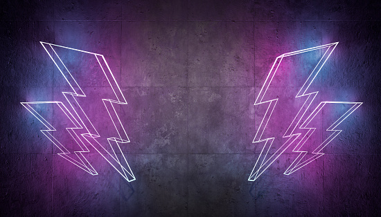 neon lightning on concrete wall with empty space in the center. 3d rendering