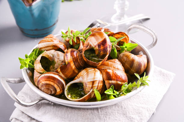 灰色のテーブルの上のフライパンでおいしい調理された海のエスゴゴカタツムリ - gourmet snail food escargot ストックフォトと画像