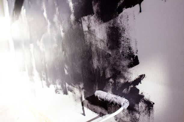 istock Defocused Application of gray wall paint on wall, renovation concept 1344811883