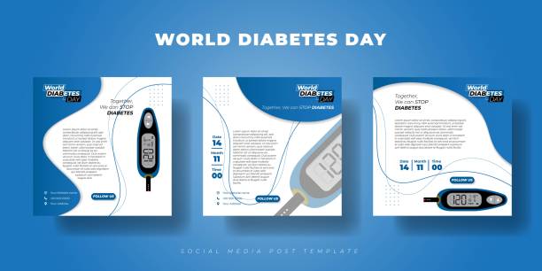 ilustraciones, imágenes clip art, dibujos animados e iconos de stock de conjunto de plantillas de publicación en redes sociales. diseño de plantillas para el día mundial de la diabetes. plantilla de publicación en redes sociales con diseño de medidor de glucosa - diabetes blood sugar test insulin healthy eating