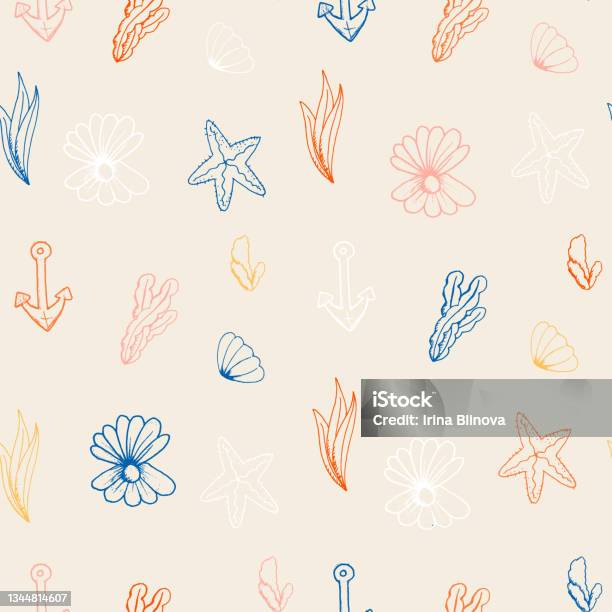Sea Pattern Draw Pattern Seamless Sea Elements Seaweed Seashells Hand Drawn Sketch Stock ...