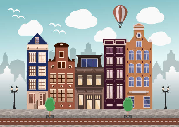 Landscape street in the old city, historic retro houses and buildings in a modern urban environment. Vector illustration in a flat style. Landscape street in the old city, historic retro houses and buildings in a modern urban environment. Vector illustration in a flat style cityscape clipart stock illustrations