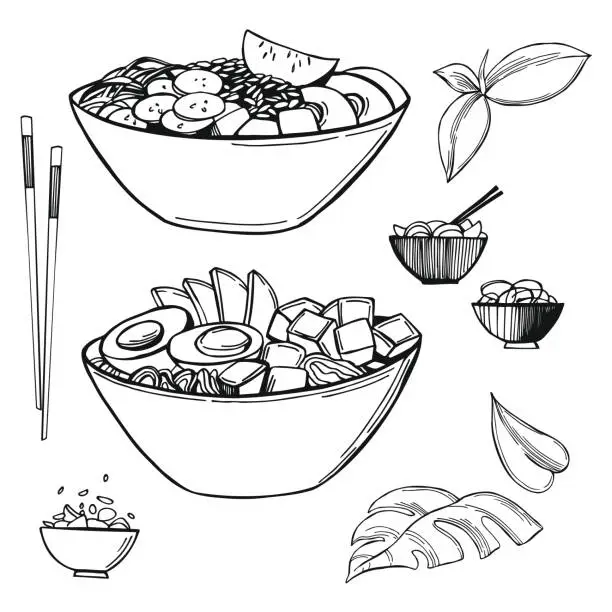 Vector illustration of Poke bowls. Vector illustration.