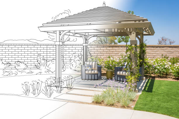 Beautiful Pergola Patio Cover Drawing Transitioning to Photo Reality. Beautiful Pergola Patio Cover Drawing Transitioning to Photo Reality. gazebo photos stock pictures, royalty-free photos & images