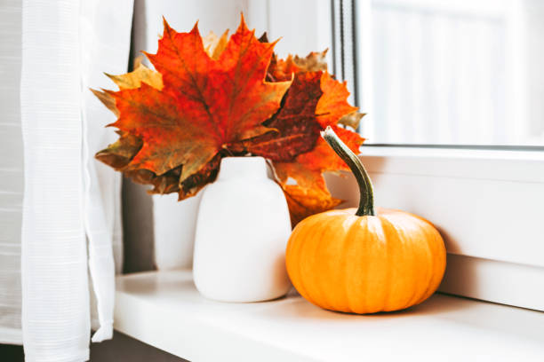 istock Autumn home decoration on the window using dry leaves and pumpkin 1344819008