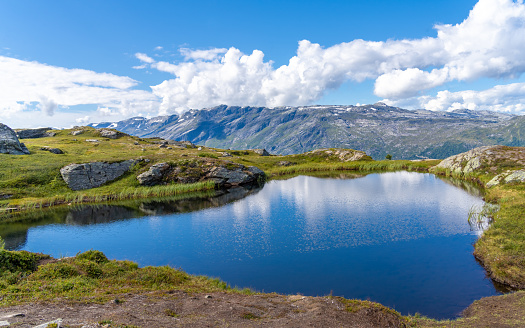 Hiking the famous Dronningstien (the Queenâs route) from, Kinsarvik, the Hardangervidda National Park and Lofthus, Hardanger, Norway.