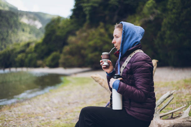 Woman drinking traditional argentinian yerba mate in Patagonia stock photo