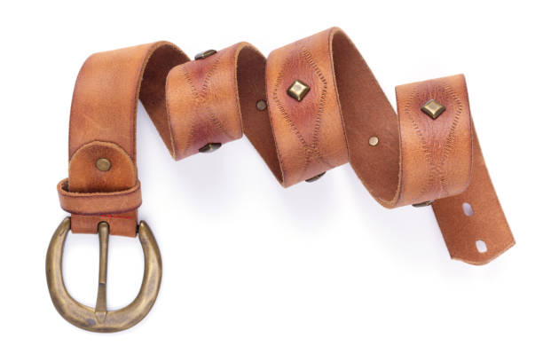 istock Leather belt isolated at white background. Old shabby belt with buckle 1344819689