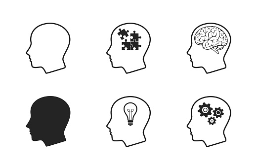 human head icon set. mind process, creative think, intelligence, brainstorming, mental work, and business solutions symbol. web design symbols and infographic elements