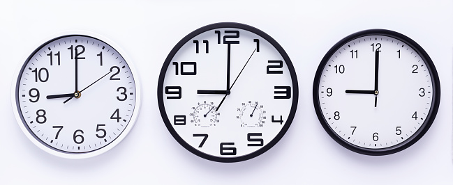 Wall clock on white  background top view. Office wall clock front view