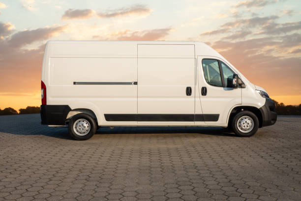 white delivery van at sunset - truck pick up truck side view car imagens e fotografias de stock