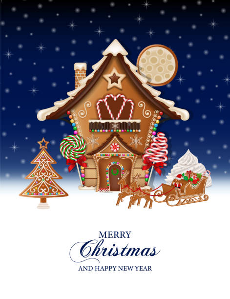bildbanksillustrationer, clip art samt tecknat material och ikoner med merry christmas background with gingerbread house and sleigh - pepparkakshus