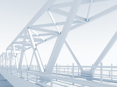Modern truss bridge model, perspective view, blue toned 3d rendering illustration