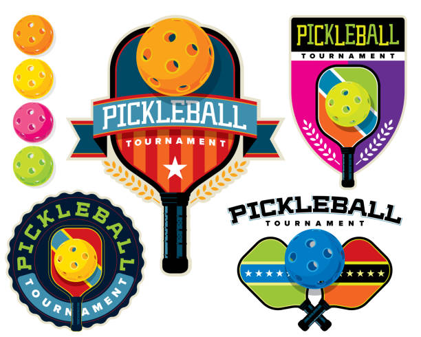 ilustraciones, imágenes clip art, dibujos animados e iconos de stock de insignia y logotipo del torneo de pickleball - paddle ball racket ball table tennis racket