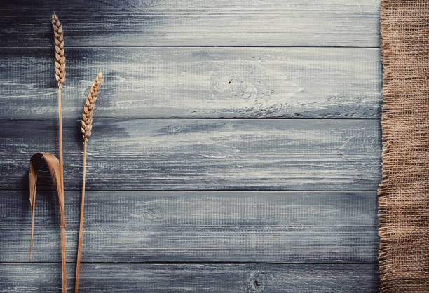 ears of wheat at wooden table background