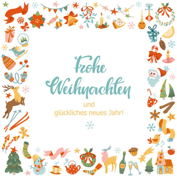 winter icons square frame with lettering "frohe weihnachten" - weihnachten stock illustrations