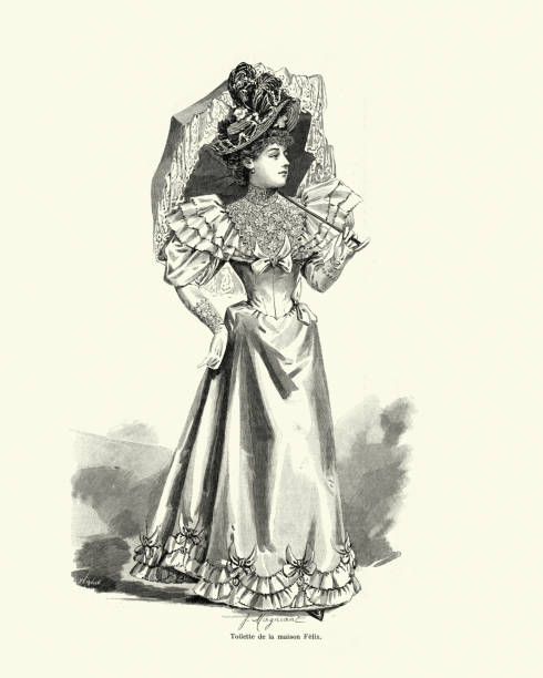 1890年代の女性のファッション、ドレス、パラソル、帽子、ビクトリア朝の19世紀フランス語 - フラウンスドドレス点のイラスト素材／クリップアート素材／マンガ素材／アイコン素材