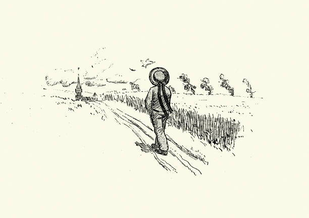 Vintage illustration of Man walking in the countryside, fields of Brittany, France, Victorian 19th Century