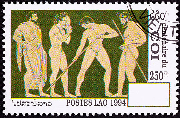 laos timbre-poste vue latérale chair grec athlètes couronne de laurier - lancer du disque photos et images de collection