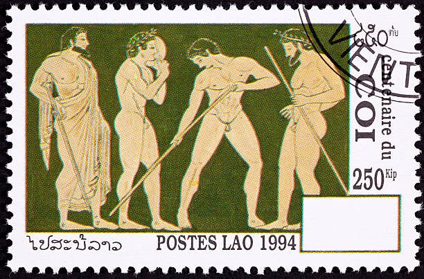 istock Laos Postage Stamp Side View Nude Greek Athletes Laurel Wreath 134482614