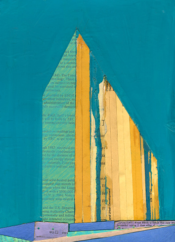 Abstract cityscape collage using vintage cut paper and oil paint. Colorful teal blue and yellow gold geometric angles than resemble a skyscraper.