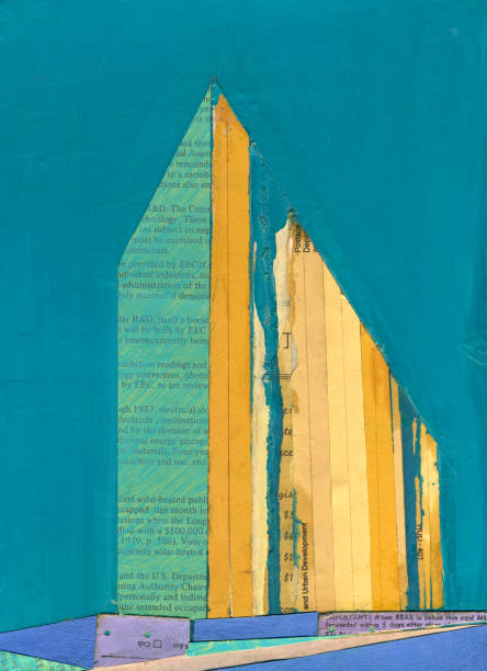 Abstract city golden triangle Abstract cityscape collage using vintage cut paper and oil paint. Colorful teal blue and yellow gold geometric angles than resemble a skyscraper. manhattan theater district stock illustrations