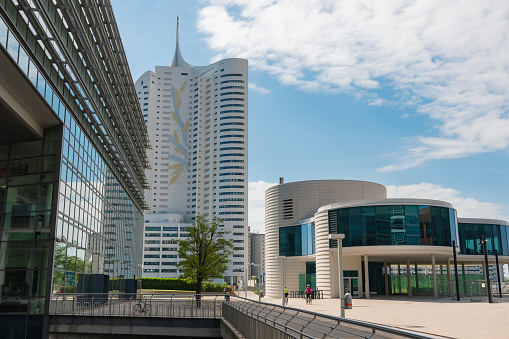 01 June 2019 Vienna, Austria - Donaucity Vienna. The Vienna International Center is a Complex with skyscrapers, large business hub next to the Danube River. Sunny summertime