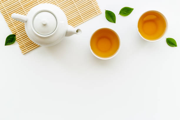 istock Asian tea set with white teapot and two cups, top view 1344827965