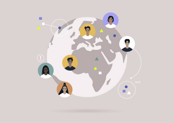 globalna koncepcja komunikacji, globus z kolorowymi awatarami użytkowników, globalizacja - international stock illustrations