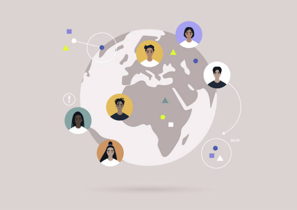 ilustrações de stock, clip art, desenhos animados e ícones de global communications concept, a globe with colorful user avatars on it, globalisation - westernization