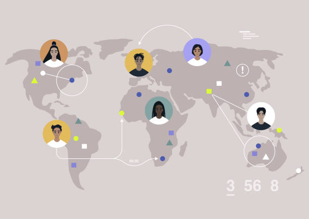 ilustraciones, imágenes clip art, dibujos animados e iconos de stock de una comunidad global, avatares de usuarios en un mapa del mundo y enlaces entre ellos, un trabajo remoto - mapa de husos horarios