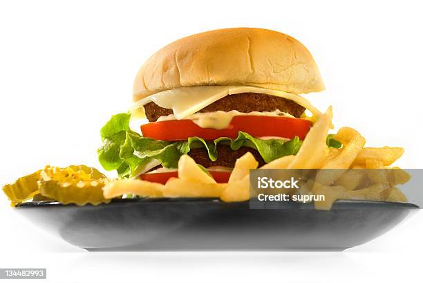 Burger With Fries Isolated On White Stock Photo - Download Image Now - Burger, Symmetry, American Culture