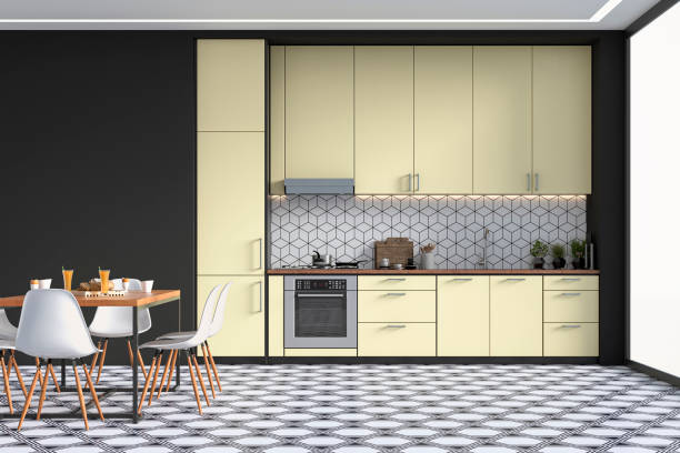 istock Modern kitchen and dining room on retro tiled floor 1344832368