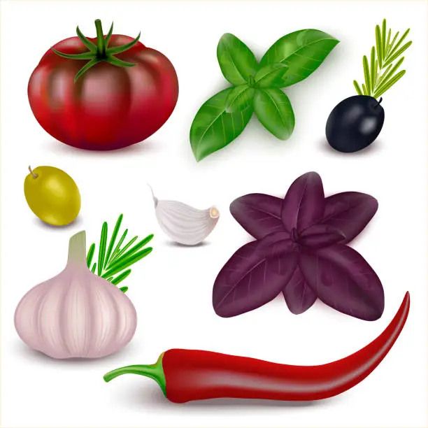 Vector illustration of Still life of realistic 3d vegetables. Vector fresh vegetables: fresh dark red tomatoes, red chili peppers, olives, rosmary, garlic and basil, isolated on white background.Package design
Описание (на английском языке)1