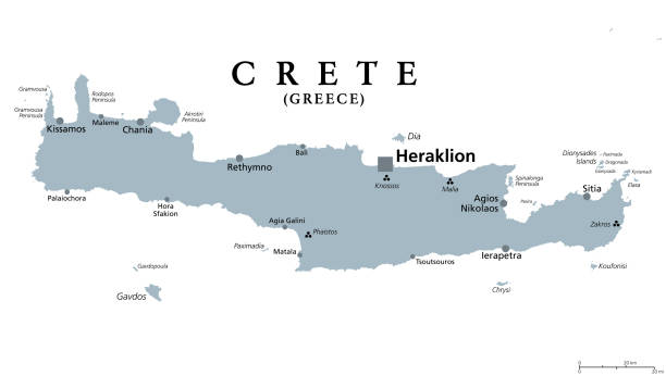 クレタ島、ギリシャの島、灰色の政治地図、首都ヘラクリオン - ハニア点のイラスト素材／クリップアート素材／マンガ素材／アイコン素材