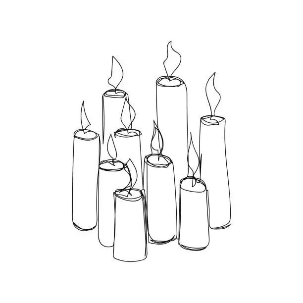 Vector illustration of Many burning candles one line art. Continuous line drawing of halloween theme, comfort, romance, gothic.