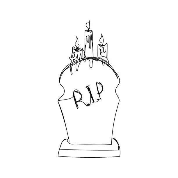 Vector illustration of Figured headstone with an inscription R.I.P and burning candles one line art. Continuous line drawing of grave, cemetery, death, memorial day, halloween.