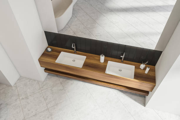 istock Wooden shelf vanity with two sinks. Top view. 1344834733