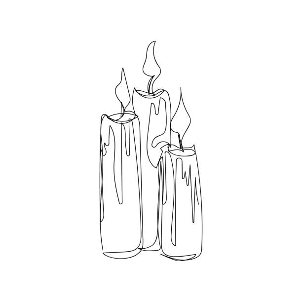 Burning, molten candles one line art. Continuous line drawing of halloween theme, romance, gothic. Burning, molten candles one line art. Continuous line drawing of halloween theme, romance, gothic. Hand drawn vector illustration. candle illustrations stock illustrations