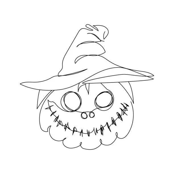 Vector illustration of Halloween pumpkin with carved face in a witch hat one line art. Continuous line drawing of halloween theme, gothic, autumn mood, mysticism, witchcraft.