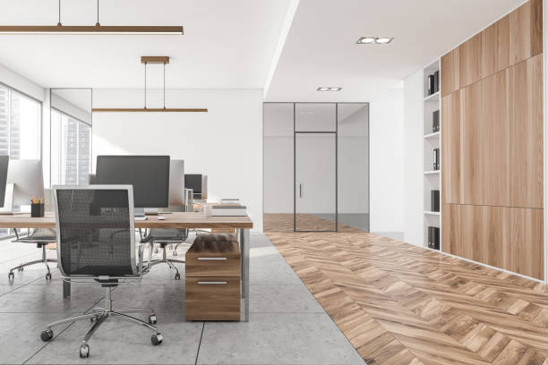 istock Office room interior with panoramic window with Singapore city skyscraper 1344836796